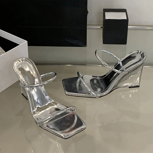 mirrorquenn White Wedge Square Toe Heels in shop online women's fashion