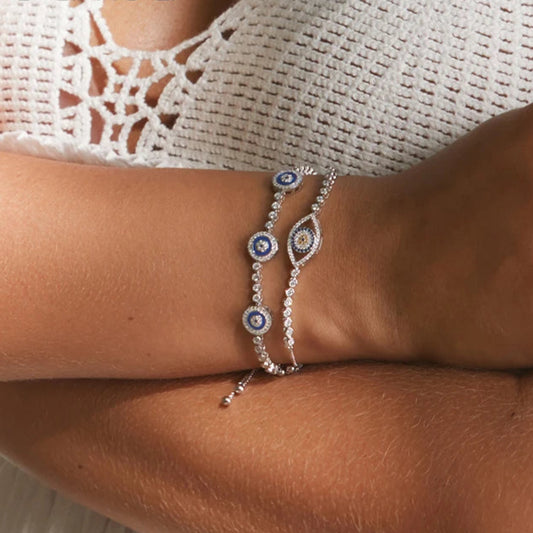 Genuine 925 Sterling Silver Luxury Round Blue Evil Eyes Clear Cubic Zircon Crystal Tennis Bracelet Jewelry SCB002 Mirror Quenn model wear