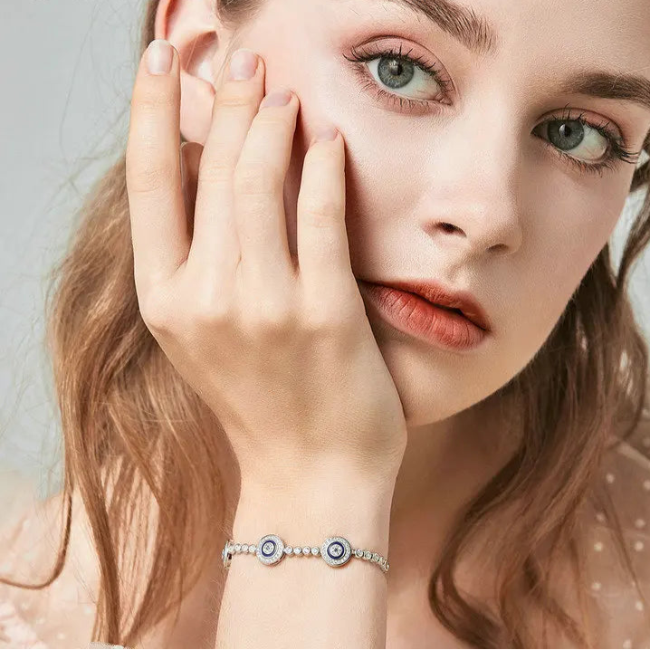 Genuine 925 Sterling Silver Luxury Round Blue Evil Eyes Clear Cubic Zircon Crystal Tennis Bracelet Jewelry SCB002 Mirror Quenn
