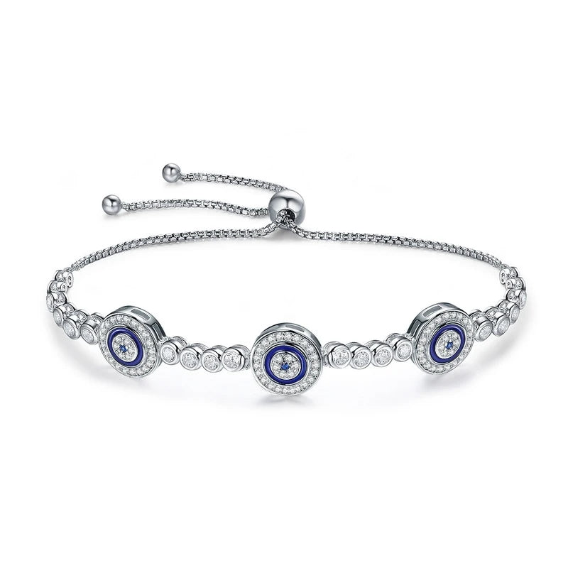 Genuine 925 Sterling Silver Luxury Round Blue Evil Eyes Clear Cubic Zircon Crystal Tennis Bracelet Jewelry SCB002 Mirror Quenn