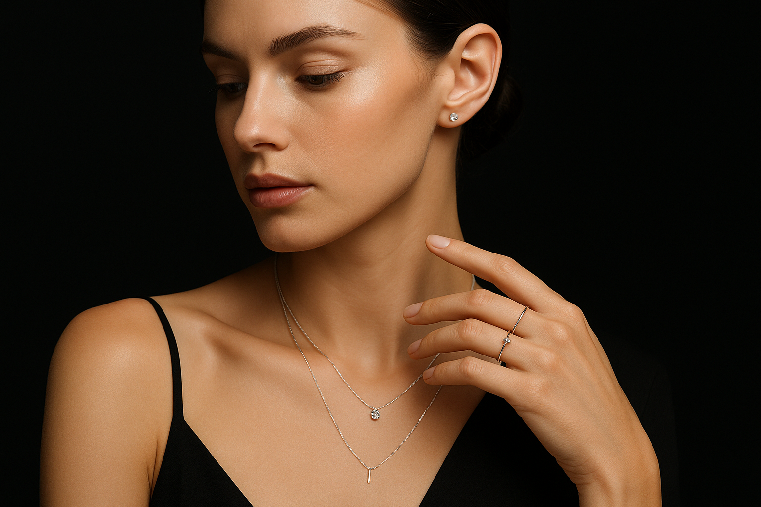 trending minimilist jewellery, 925 sterling silvers, dark sharp background, model, moissanite.