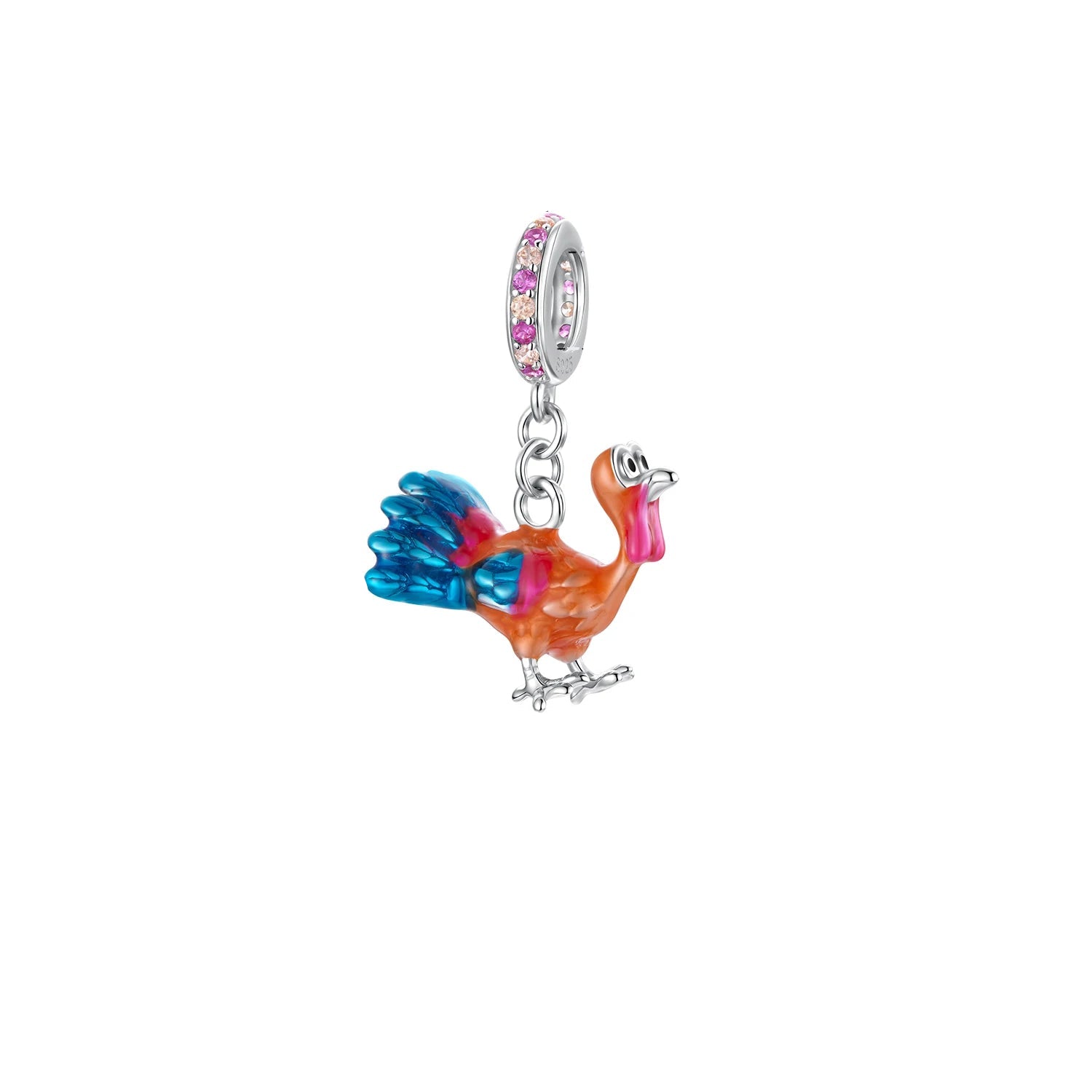 Colorful bird-shaped charm with dimensions and weight on a white background